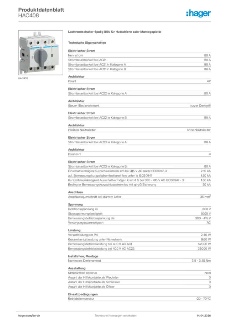 Bild Hager Produktdatenblatt HAC408 | Hager Schweiz