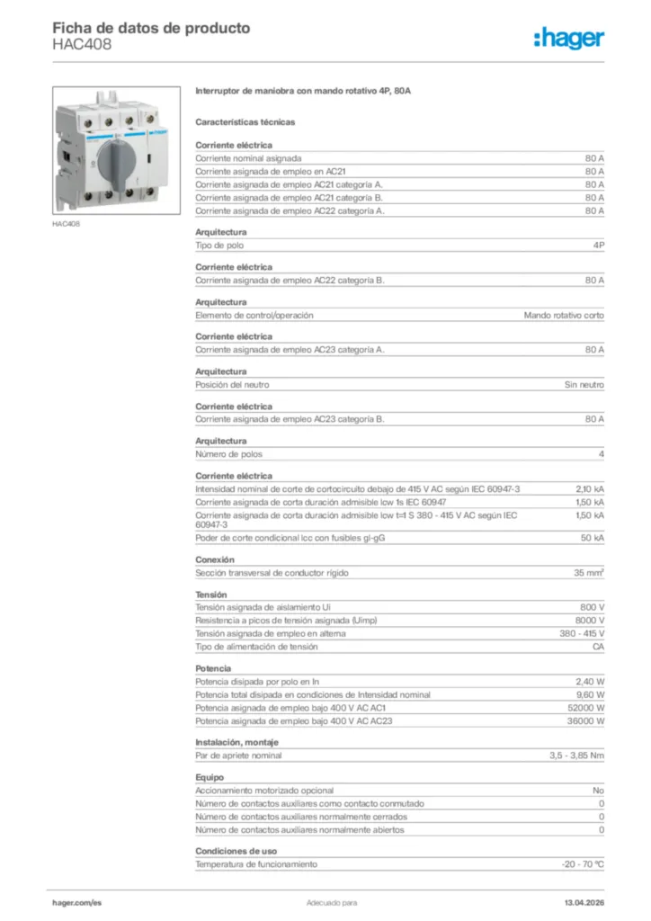Imagen Hager Ficha de datos de producto HAC408 | Hager España