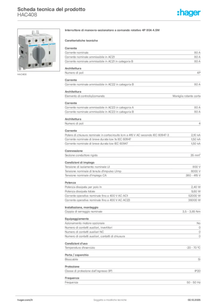 Immagine Hager Scheda tecnica del prodotto HAC408 | Hager Italia