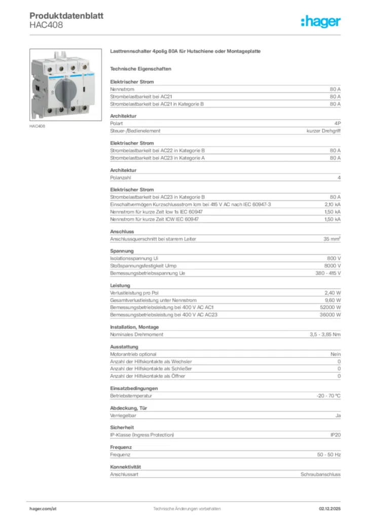 Bild Hager Produktdatenblatt HAC408 | Hager Deutschland