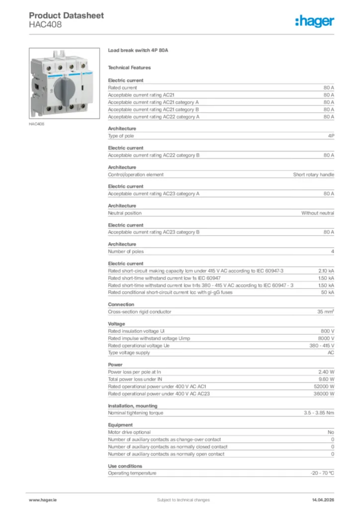 Image Hager Product data sheet HAC408  | Hager