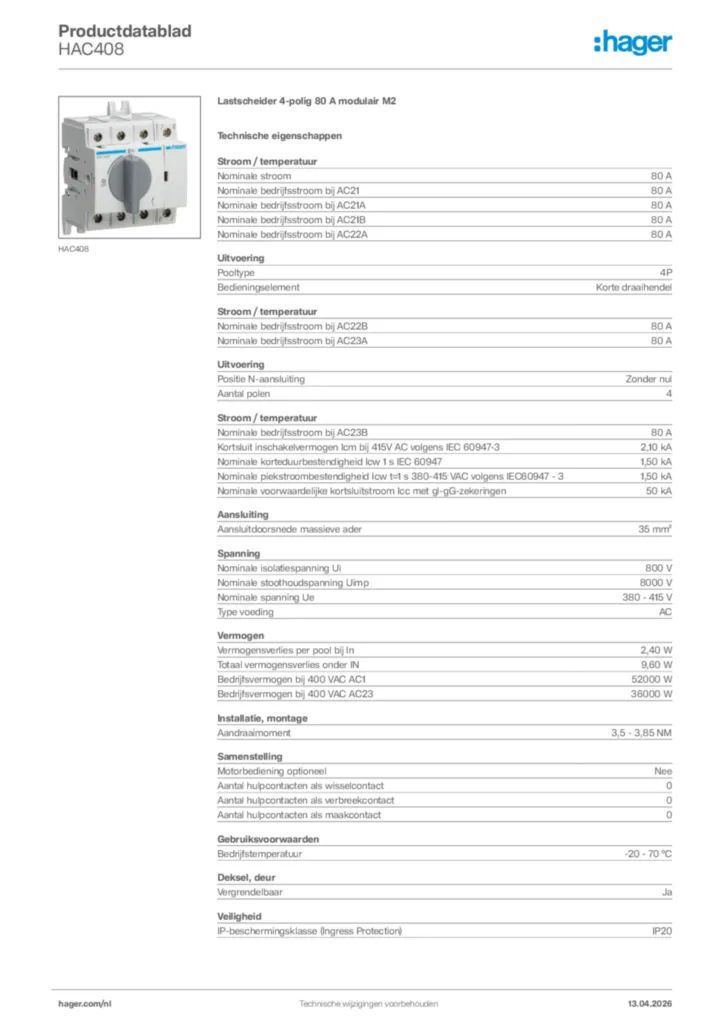 Afbeelding Hager Productdatablad HAC408 | Hager Nederland