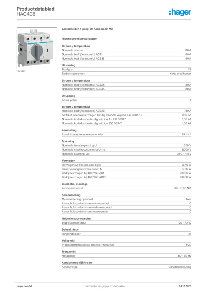 Afbeelding Hager Productdatablad HAC408 | Hager Nederland