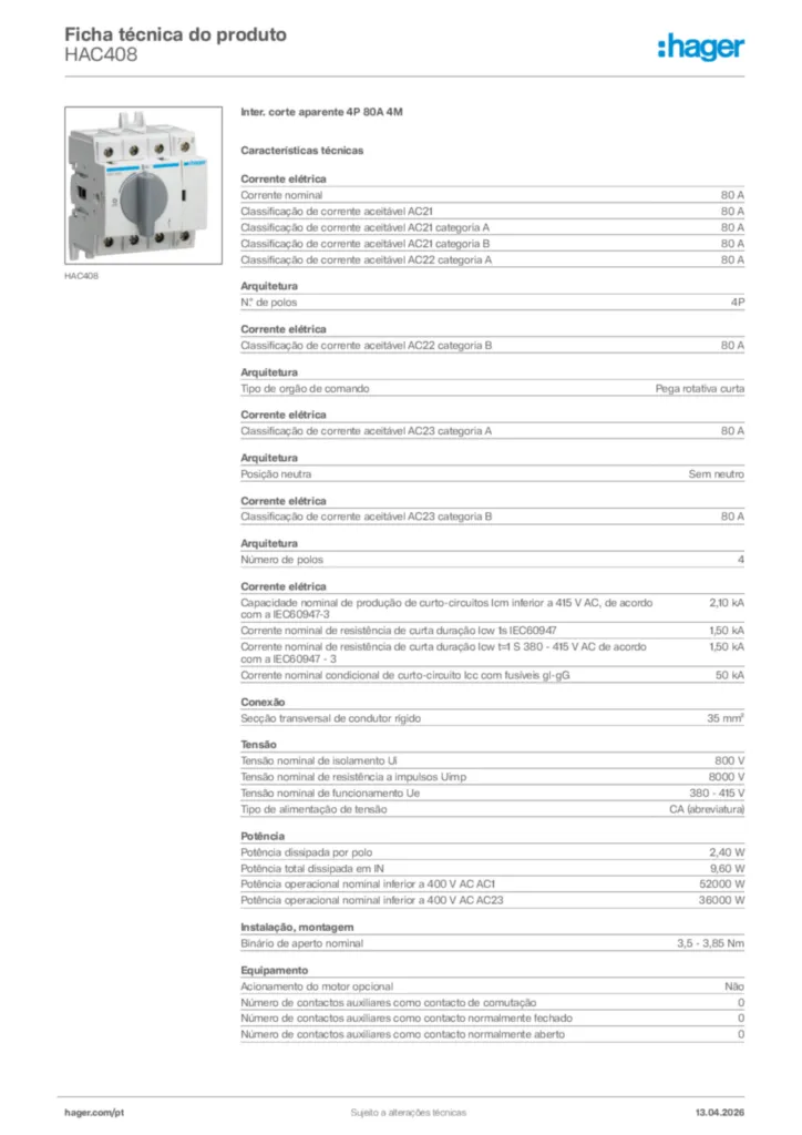 Imagem Hager Ficha técnica do produto HAC408 | Hager Portugal