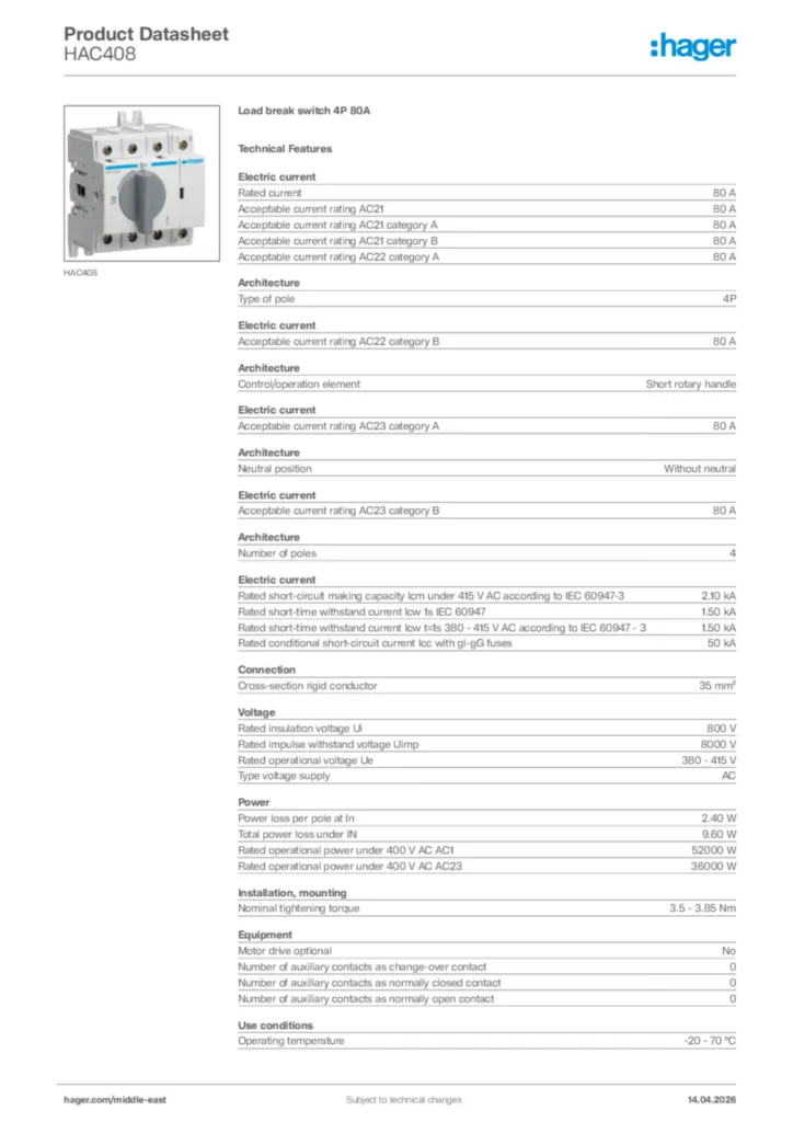 Image Hager Product data sheet HAC408  | Hager