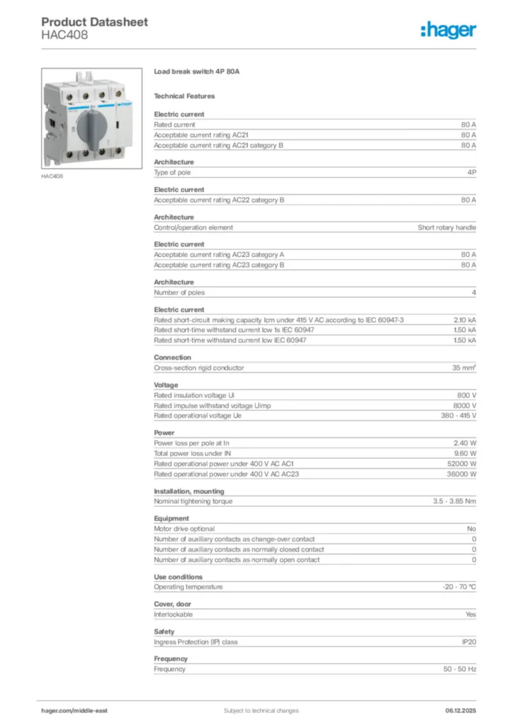 Image Hager Product data sheet HAC408  | Hager