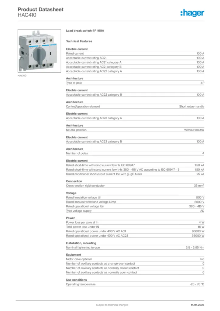 Image Hager Product data sheet HAC410  | Hager Africa