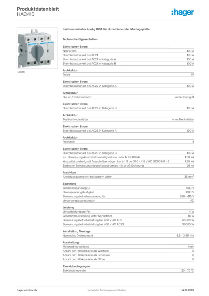 Bild Hager Produktdatenblatt HAC410 | Hager Schweiz