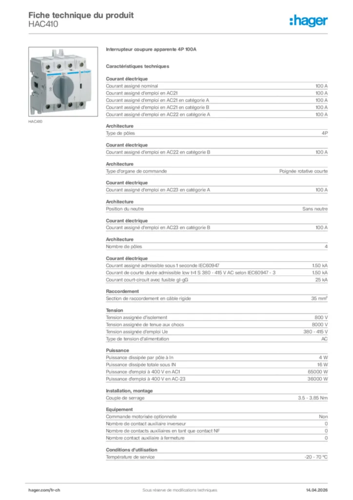 Image Hager Fiche technique du produit HAC410 | Hager Suisse