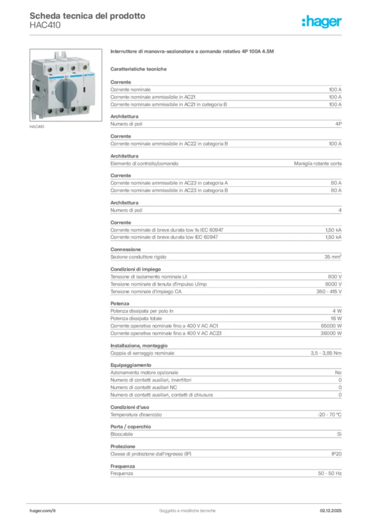 Immagine Hager Scheda tecnica del prodotto HAC410 | Hager Italia