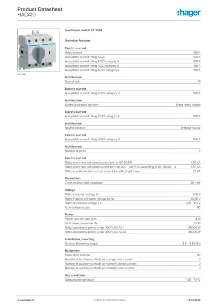 Image Hager Product data sheet HAC410  | Hager