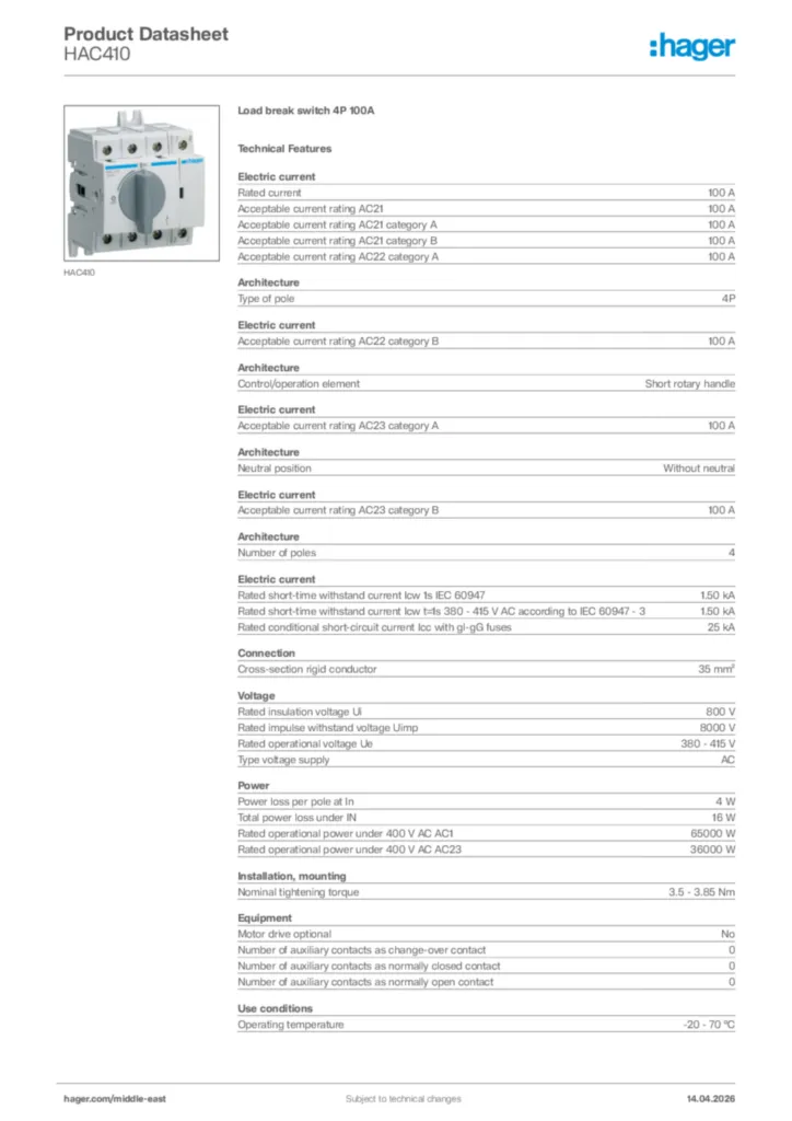 Image Hager Product data sheet HAC410  | Hager