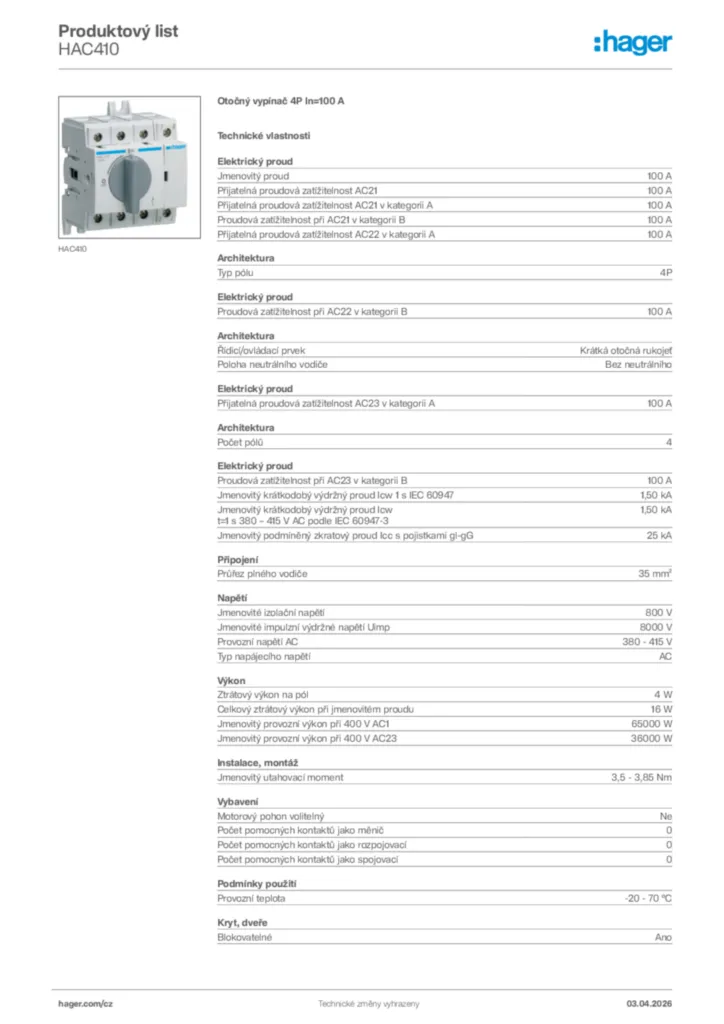 Obrázek Hager Product data sheet HAC410 | Hager