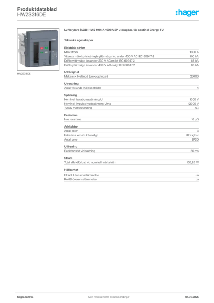 Bild Hager Produktdatablad HW2S316DE | Hager Sverige