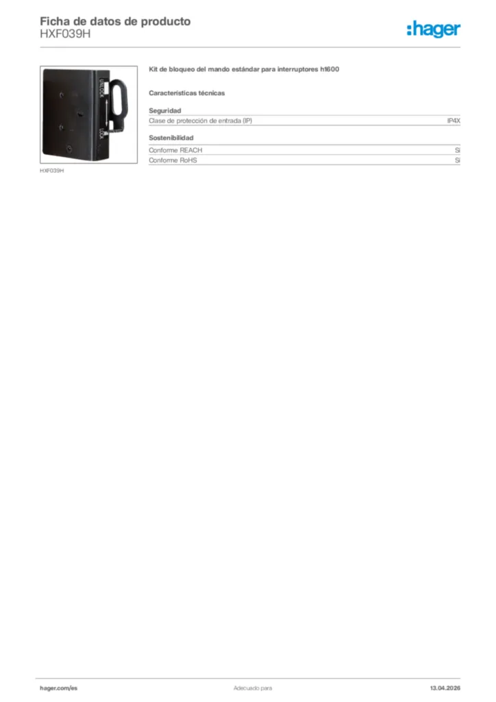 Imagen Hager Ficha de datos de producto HXF039H | Hager España
