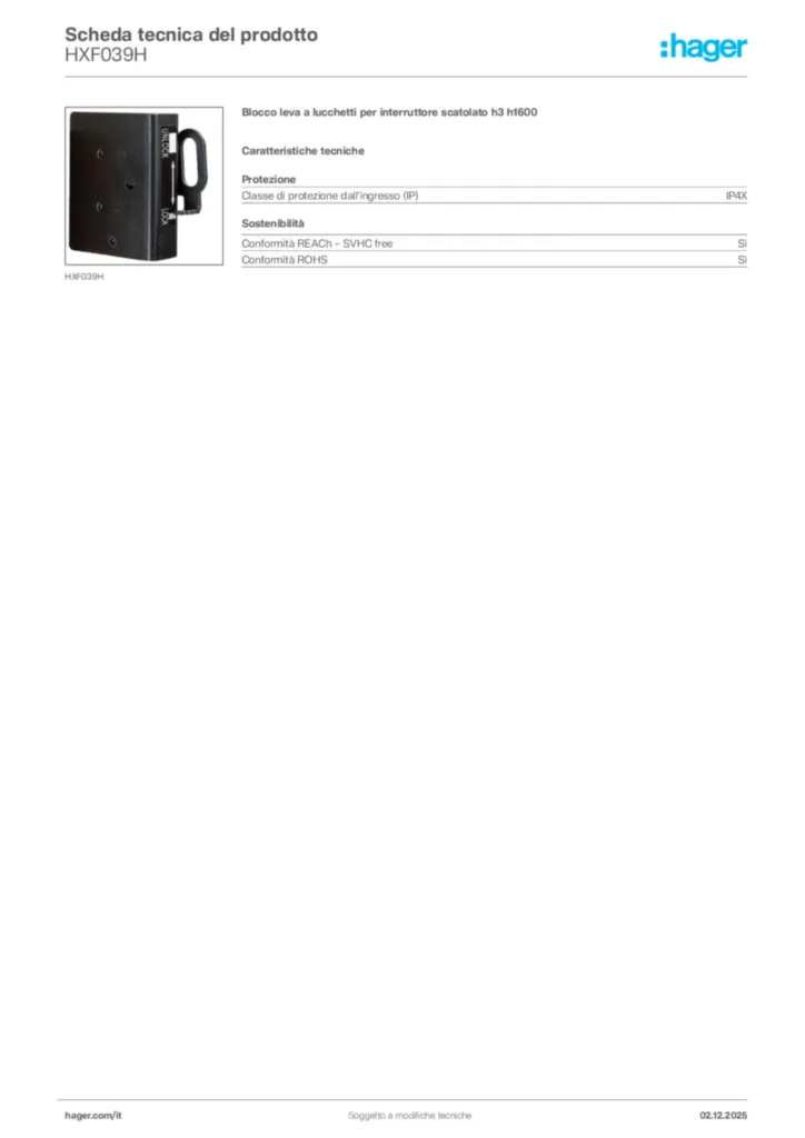 Immagine Hager Scheda tecnica del prodotto HXF039H | Hager Italia