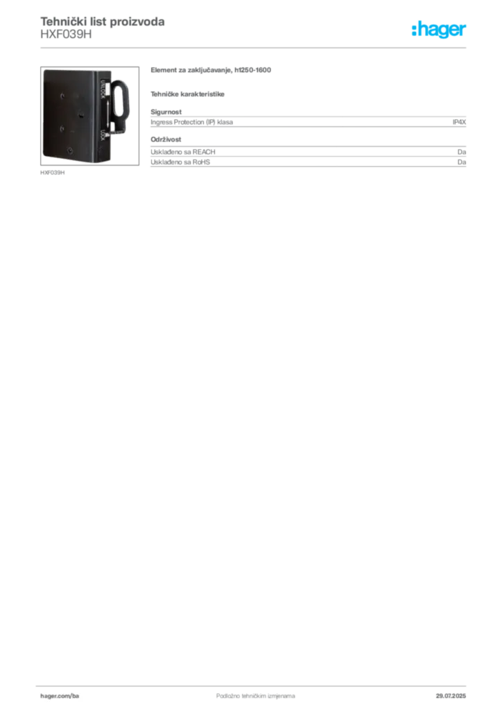 Slika Hager Product data sheet HXF039H  | Hager