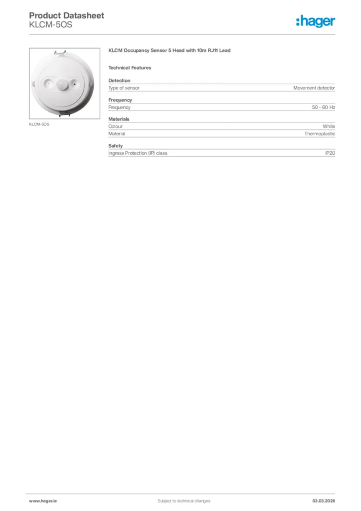 Image Hager Product data sheet KLCM-5OS  | Hager