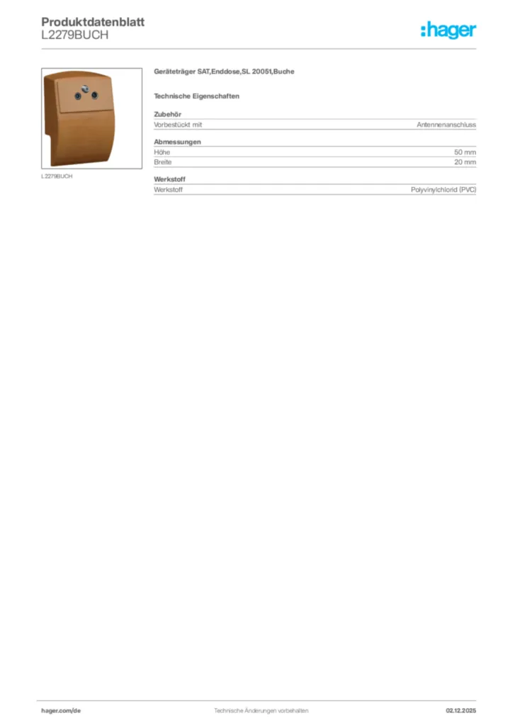 Bild Hager Produktdatenblatt L2279BUCH | Hager Deutschland