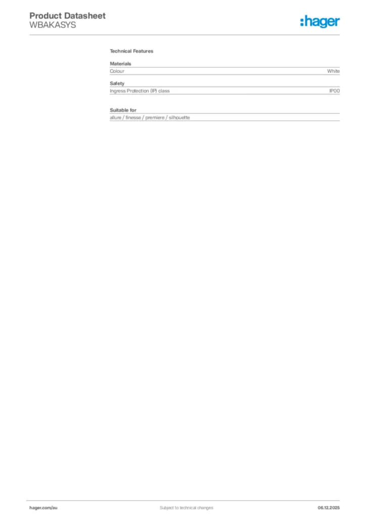 Image Hager Product data sheet WBAKASYS  | Hager Australia