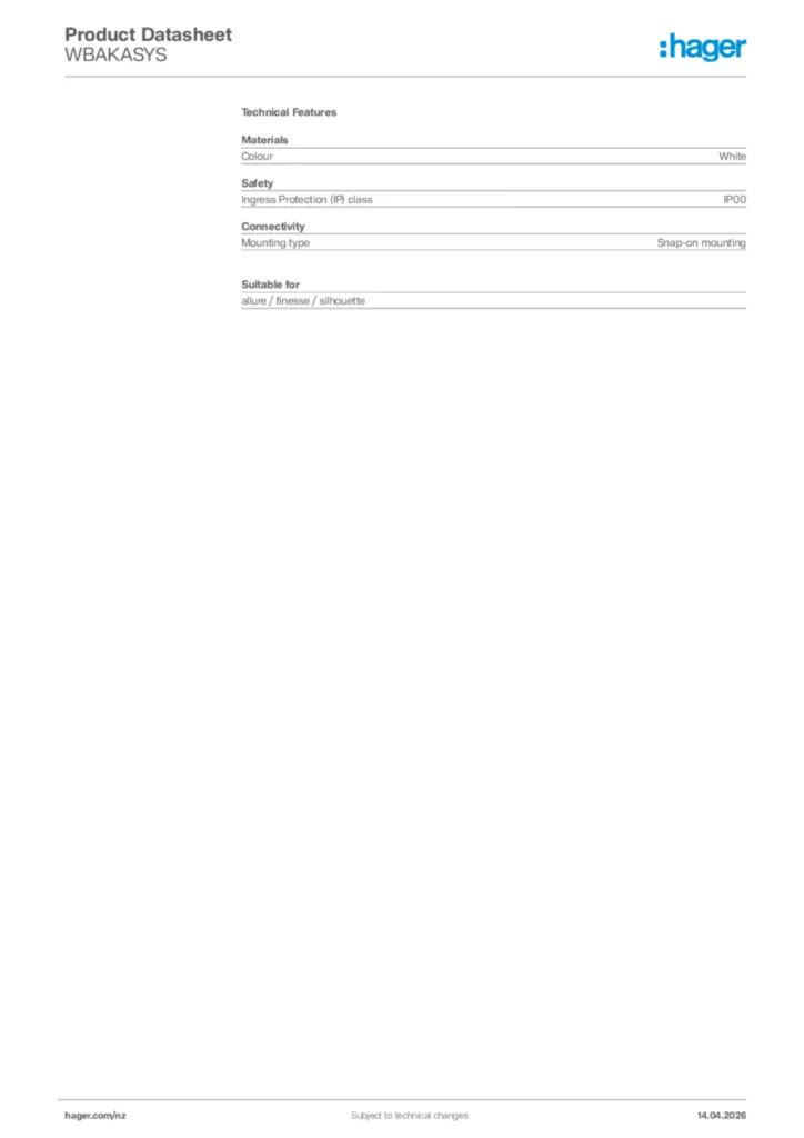 Image Hager Product data sheet WBAKASYS  | Hager New Zealand
