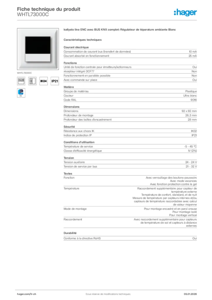 Image Hager Fiche technique du produit WHTL73000C | Hager Suisse