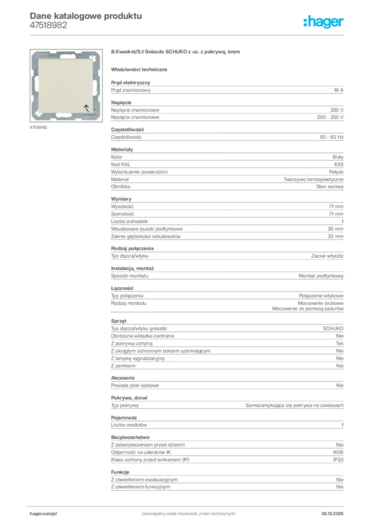 Zdjęcie Hager Dane katalogowe produktu 47518982 | Hager Polska