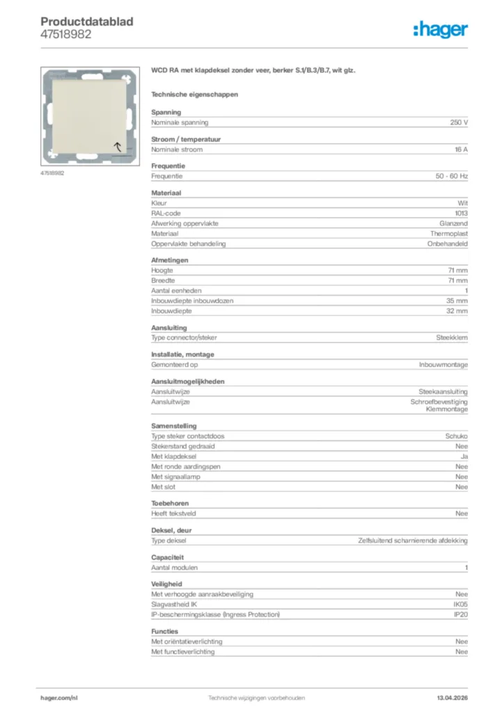 Afbeelding Hager Productdatablad 47518982 | Hager Nederland