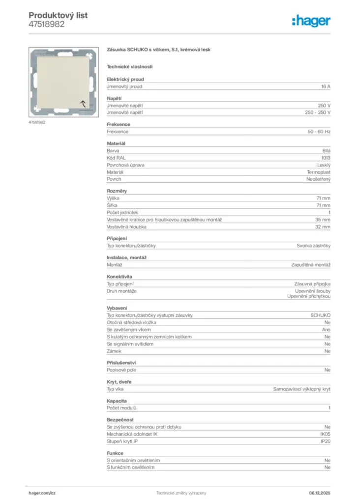 Obrázek Hager Produktový list 47518982 | Hager