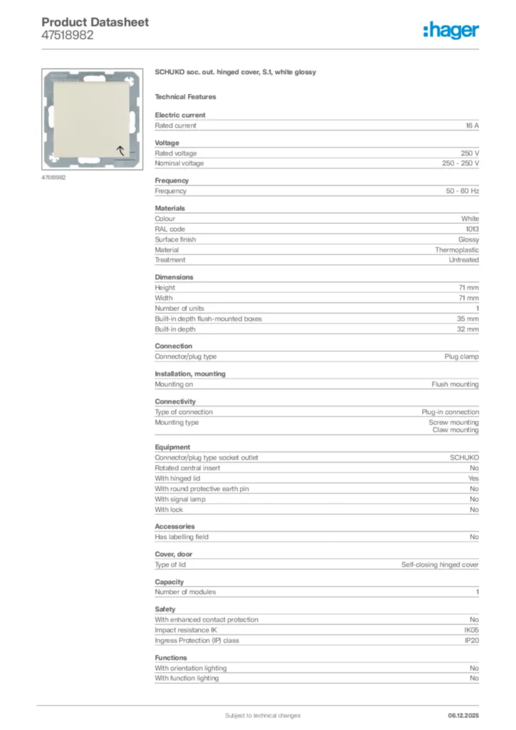 Image Hager Product data sheet 47518982  | Hager