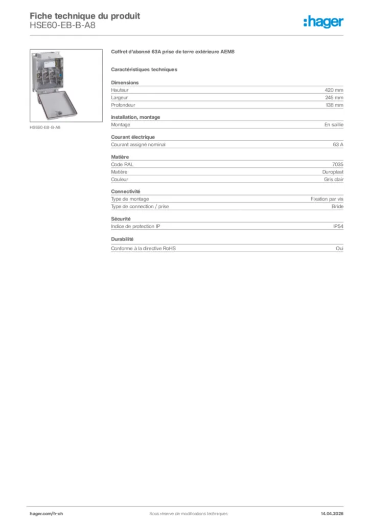 Image Hager Fiche technique du produit HSE60-EB-B-A8 | Hager Suisse