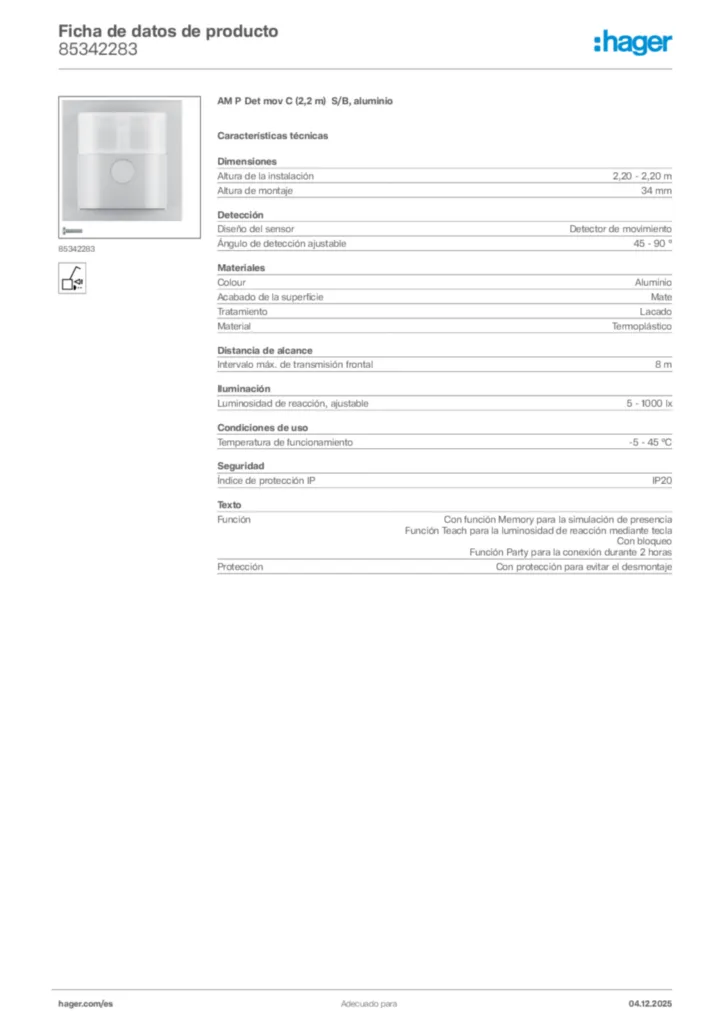 Imagen Hager Ficha de datos de producto 85342283 | Hager España