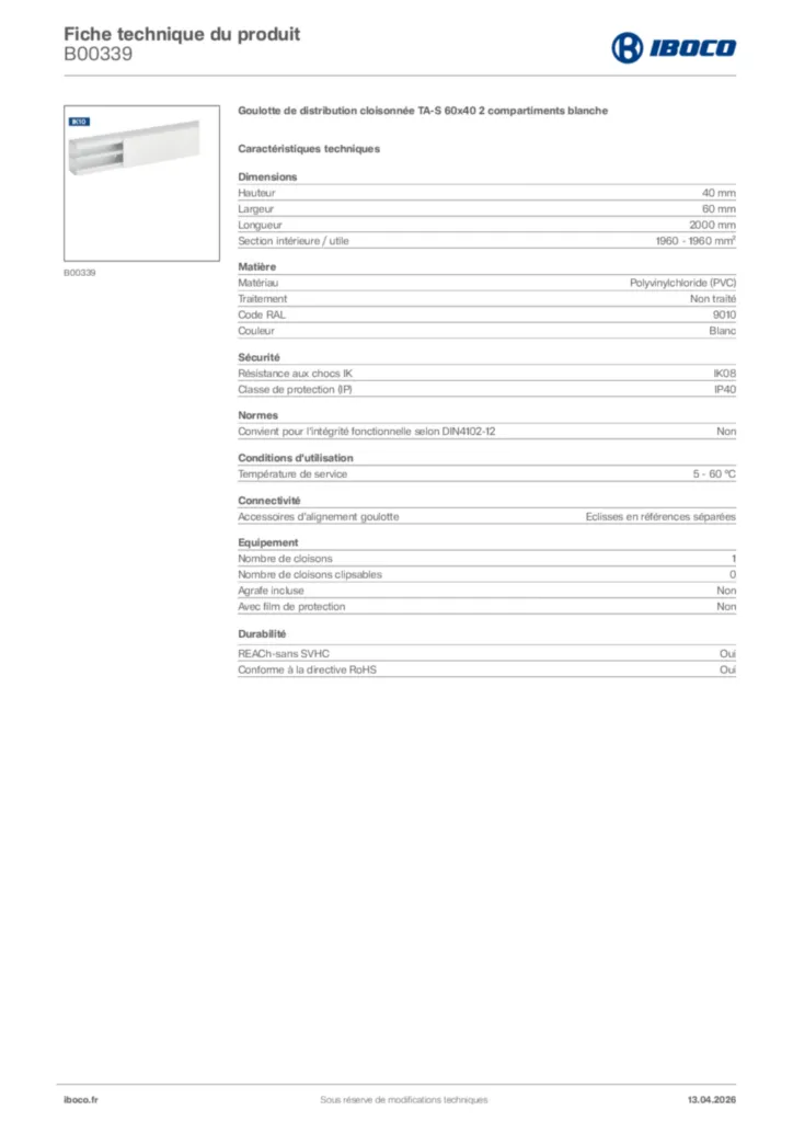 Image Iboco Fiche technique du produit B00339 | Hager France
