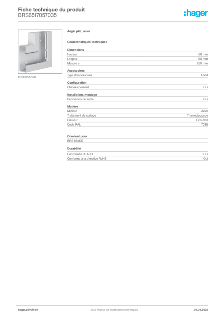 Image Hager Fiche technique du produit BRS6517057035 | Hager Suisse