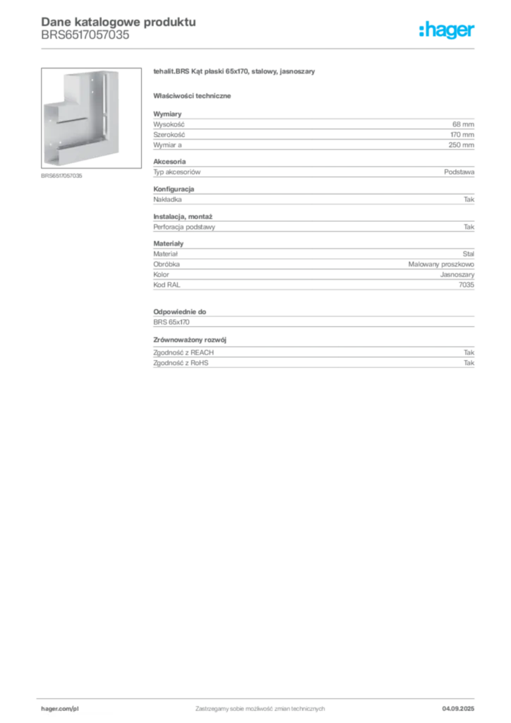 Zdjęcie Hager Dane katalogowe produktu BRS6517057035 | Hager Polska