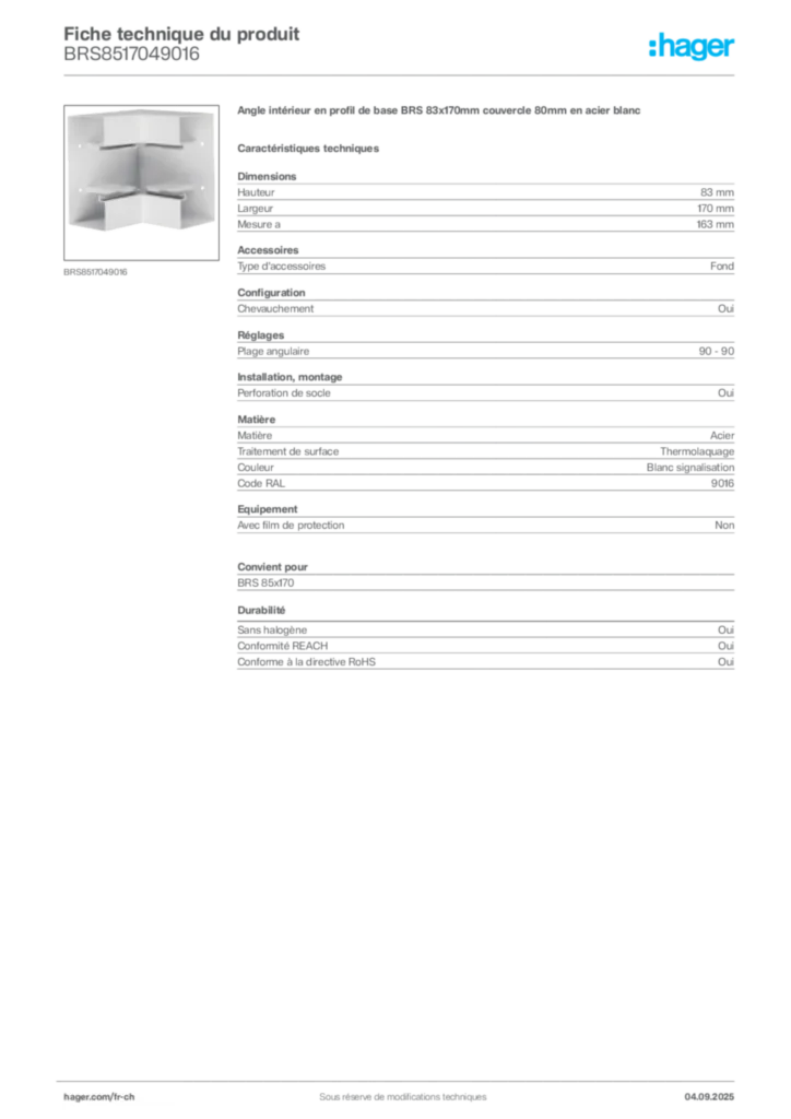 Image Hager Fiche technique du produit BRS8517049016 | Hager Suisse