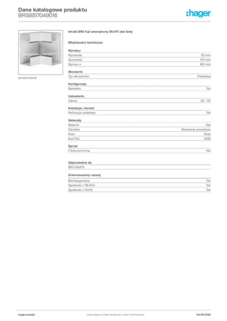 Zdjęcie Hager Dane katalogowe produktu BRS8517049016 | Hager Polska