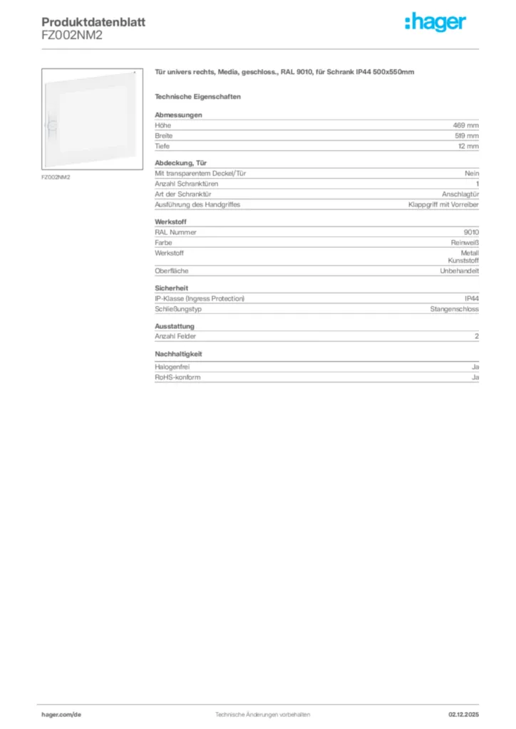 Bild Hager Produktdatenblatt FZ002NM2 | Hager Deutschland