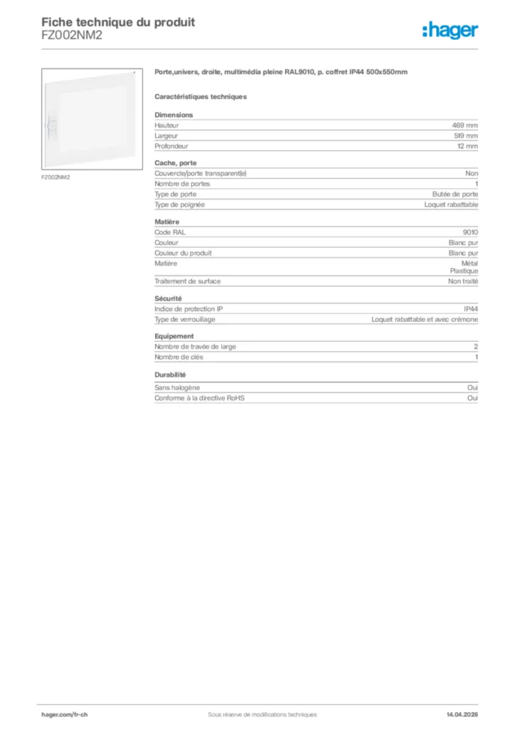 Image Hager Fiche technique du produit FZ002NM2 | Hager Suisse