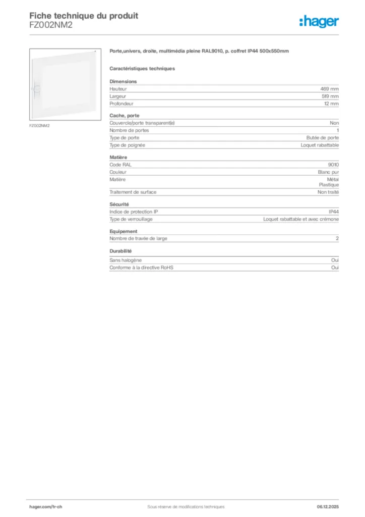 Image Hager Fiche technique du produit FZ002NM2 | Hager Suisse