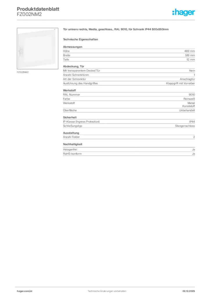 Bild Hager Produktdatenblatt FZ002NM2 | Hager Deutschland