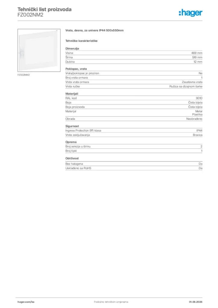 Slika Hager Tehnički list proizvoda FZ002NM2  | Hager