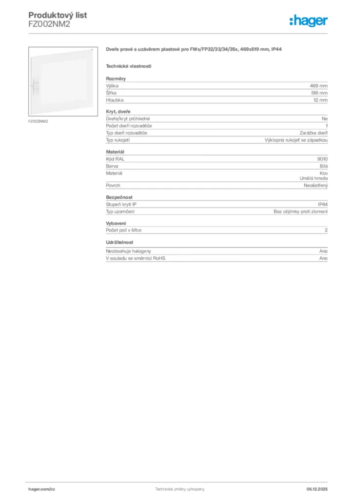 Obrázek Hager Product data sheet FZ002NM2 | Hager