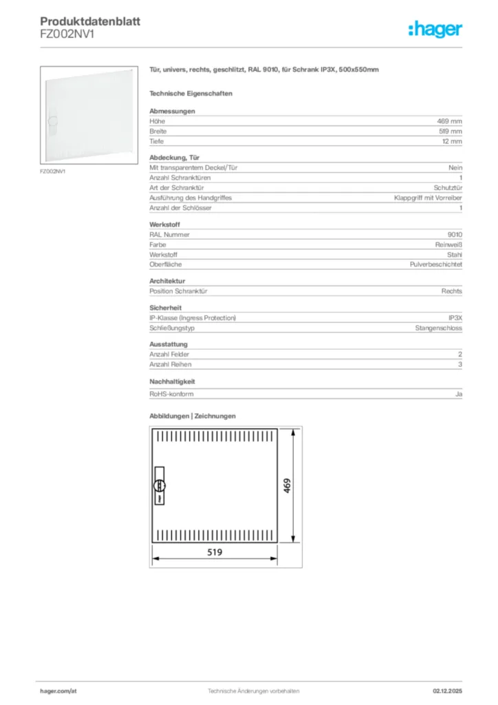 Bild Hager Produktdatenblatt FZ002NV1 | Hager Deutschland