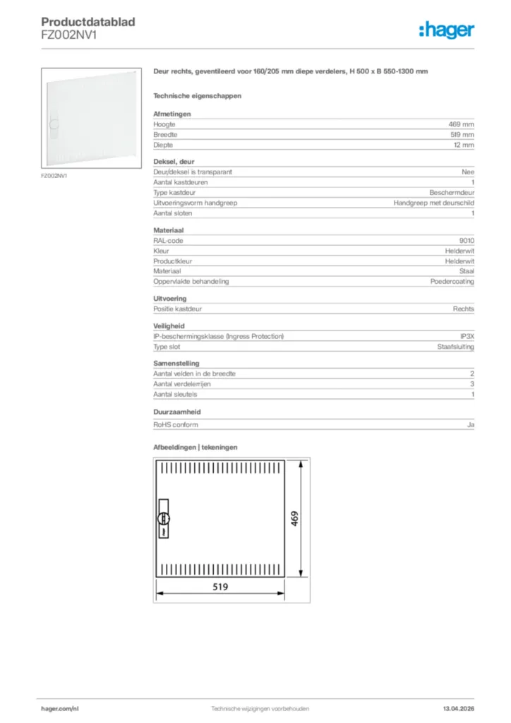 Afbeelding Hager Productdatablad FZ002NV1 | Hager Nederland