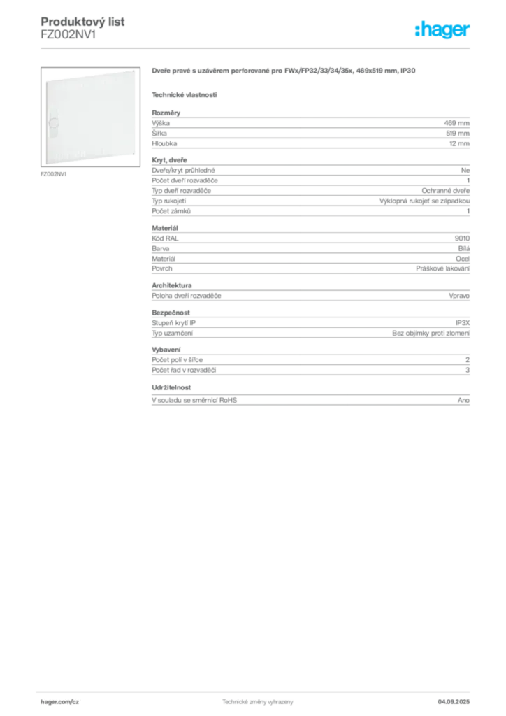 Obrázek Hager Produktový list FZ002NV1 | Hager