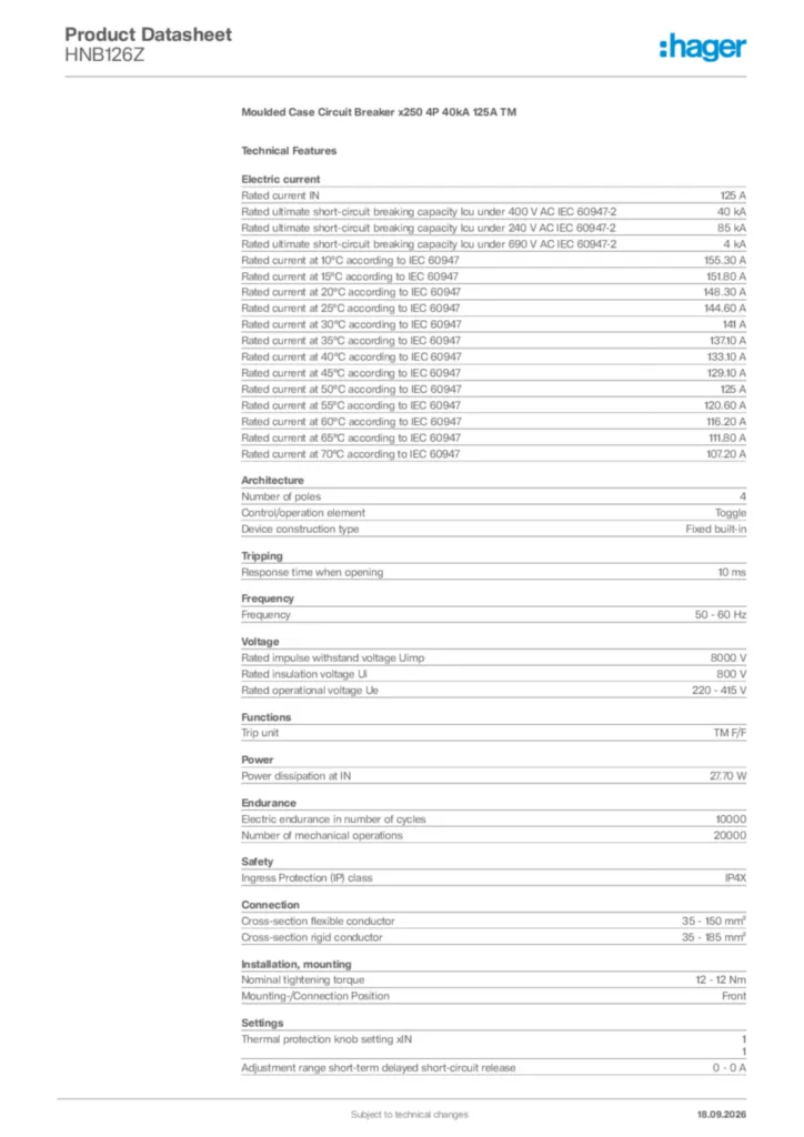 Image Hager Product data sheet HNB126Z  | Hager Africa