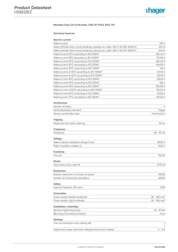 Image Hager Product data sheet HNB126Z  | Hager Africa