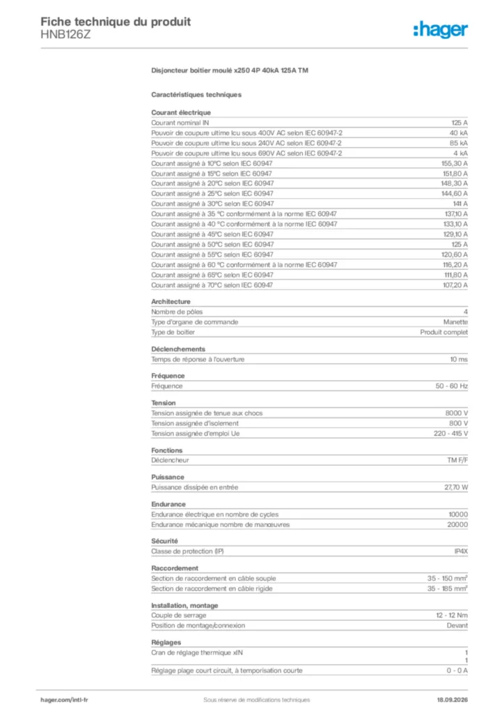 Image Hager Fiche technique du produit HNB126Z | Hager Afrique