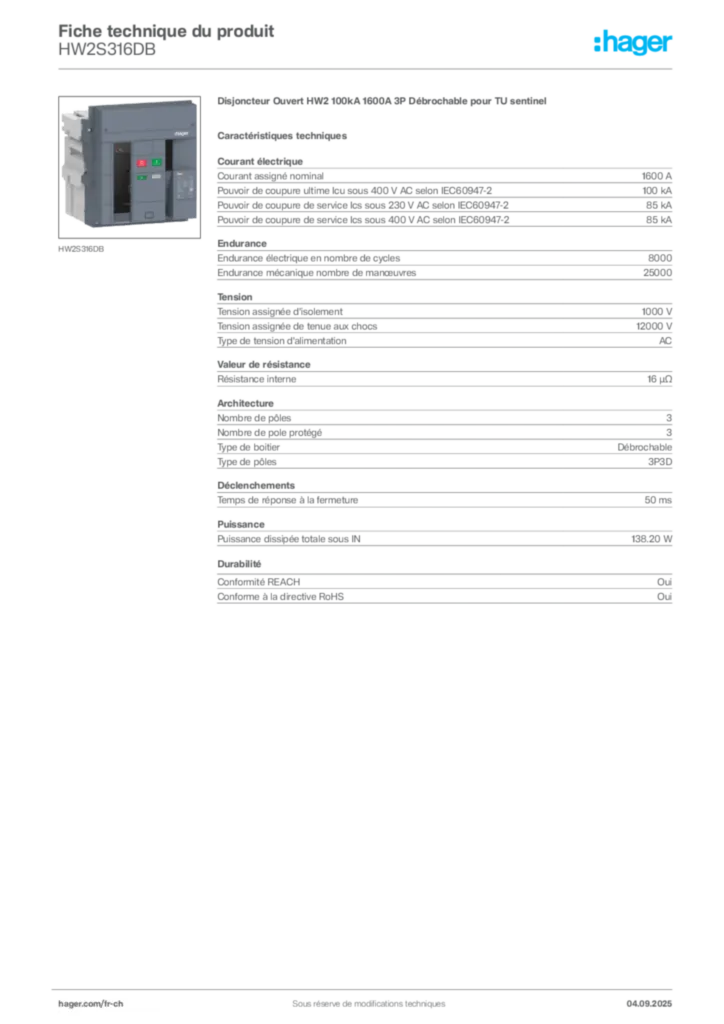 Image Hager Fiche technique du produit HW2S316DB | Hager Suisse